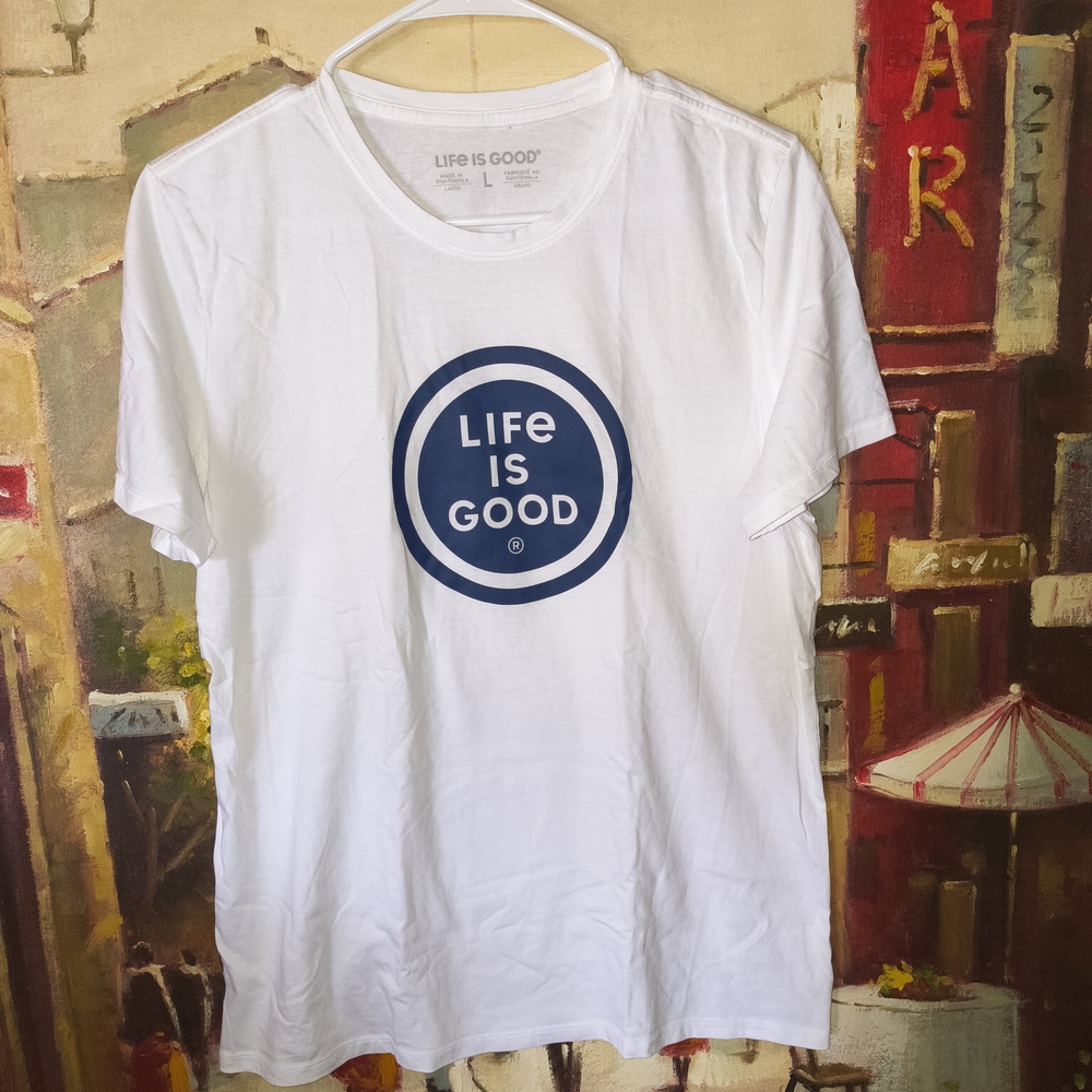Life Is Good White and Blue Graphic Tee